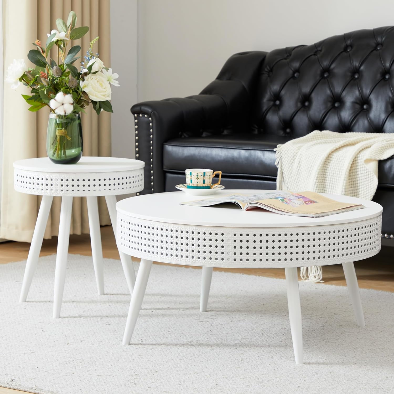 Modern Farmhouse Round End Table Set of 2,Iron Rattan Coffee Table with