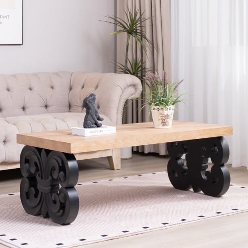Modern Farmhouse Scroll Base and Ornate Carved Design Rectangular Wood Coffee Table, Black / Natural