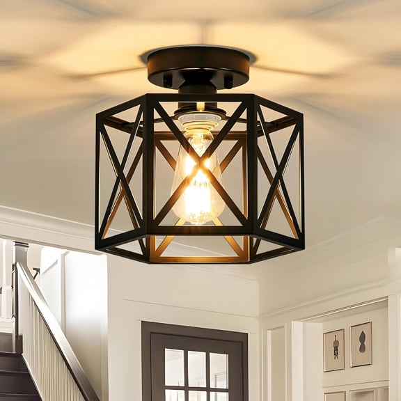 Modern Farmhouse Semi Flush Mount Ceiling Light,Industrial Black Ceiling Lighting Fixture,Hexagonal Close to Ceiling Lights for Kitchen, Hallway, Entryway, Bedroom,Foyer,Laundry Room,9.5 Inch
