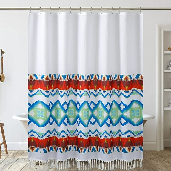 Modern Farmhouse Shower Curtain,Tassels Fabric Shower Curtains Sets for Bathroom with 12 Hooks,Bohemian Chic Geometric Waterproof Bath Curtain Extra Long 72x72in