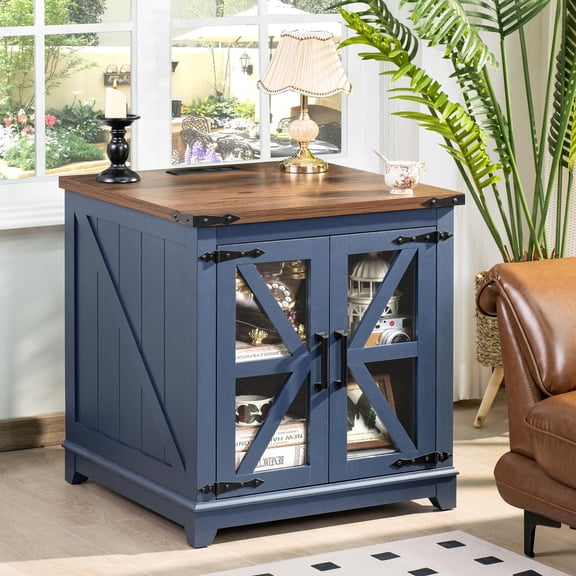 Industrial Style End Table with USB Ports, 24 Inch Farmhouse Side Table with Glass Barn Door and Adjustable Shelf, Nightstand for Living Room, Blue