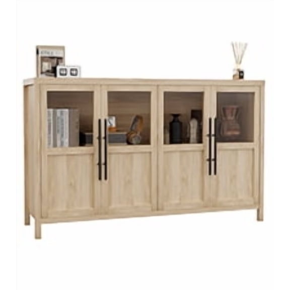 Modern Farmhouse Sideboard Buffet Cabinet – 55 Inch Wooden Entryway Storage Cabinet with 4 Glass Doors and Adjustable Shelf – Multipurpose Display for Kitchen, Dining Room, or Living Room