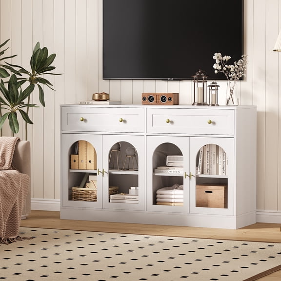 Modern Farmhouse Sideboard Buffet Cabinet – 55'' Wooden Console Table with 4 Acrylic Doors & 2 Drawers – Versatile Storage Cupboard for Kitchen, Dining Room, Living Room, Entryway