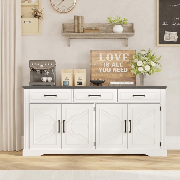 Modern Farmhouse Sideboard Buffet Cabinet – 66" Large Storage Credenza, Embossed 3 Drawers & 4 Doors, Coffee Bar Station, Wood Accent Furniture – White with Black Tabletop