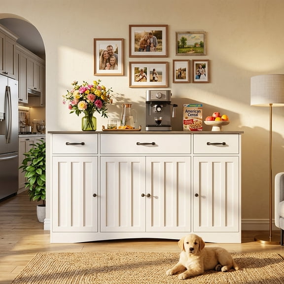 Modern Farmhouse Sideboard Buffet Cabinet with Storage - 55.1" Wood Coffee Bar & Black Handles for Dining Room, Kitchen & Entryway, White with Gray Top