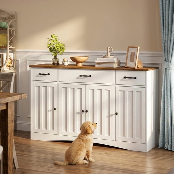 Modern Farmhouse Sideboard Buffet Cabinet with Storage - 55.1" Wood Coffee Bar & Black Handles for Dining Room, Kitchen & Entryway, White with Rustic Brown Top