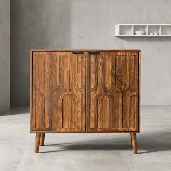 Modern Farmhouse Sideboard Cabinet with Slatted Doors, Kitchen, Dining Entryway Storage, Rich Brown MDF, 31.5 W
