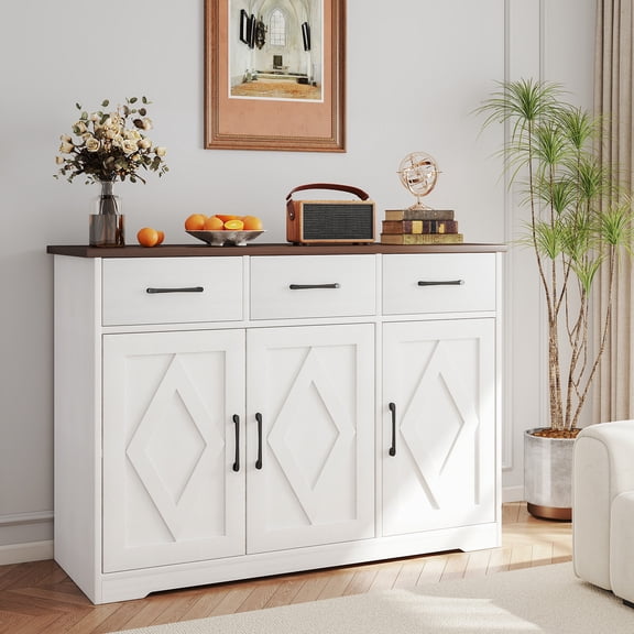 Modern Farmhouse Sideboard, Large Capacity Buffet Storage Cabinet with 3 Drawers and 3 Doors for Kitchen Living Room Hallway Rustic Cottage Style White Finish