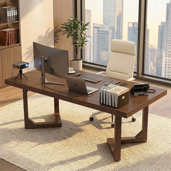 Modern Farmhouse Solid Wood Home Office Desk, 71" Large Rustic Executive Computer Desk with V-Shaped Wood Legs, Sturdy Multipurpose Table for Study, Conference and Dining Room