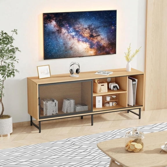 Modern Farmhouse TV Stand 63" for 65 Inch TVs, Wood and Metal Entertainment Center with Sliding Mesh Doors & Storage Shelves
