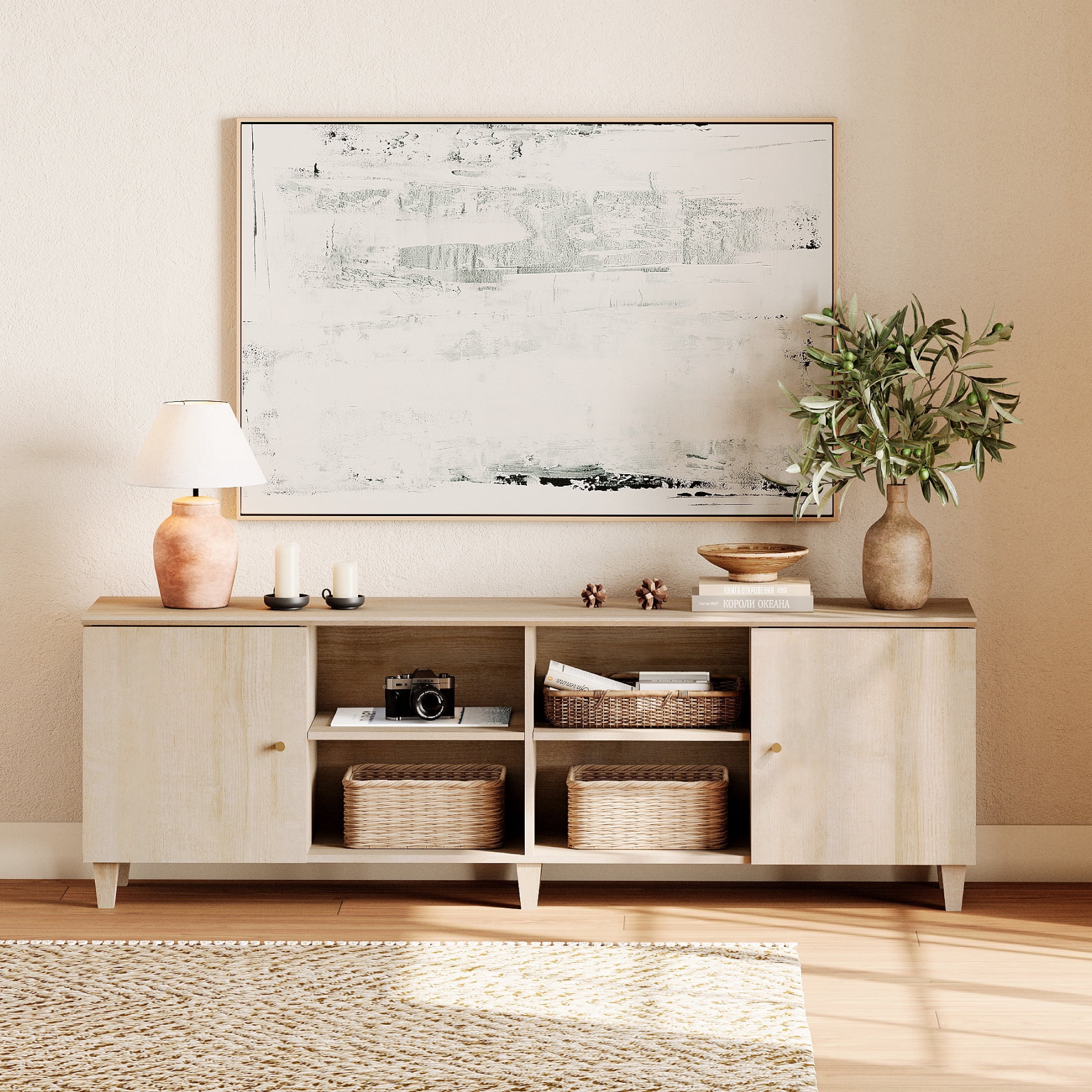 Modern Farmhouse TV Stand Cabinet for 75+ Inches TVs, Wood Entertainment Center with Door, Light Oak