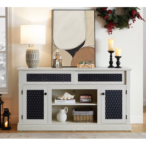 Modern Farmhouse TV Stand, Embossed Pattern TV Stand with 2 Storage Cabinets for Televisions up to 65+ Inch, Entertainment Center Console Table for Living Room & Bedroom