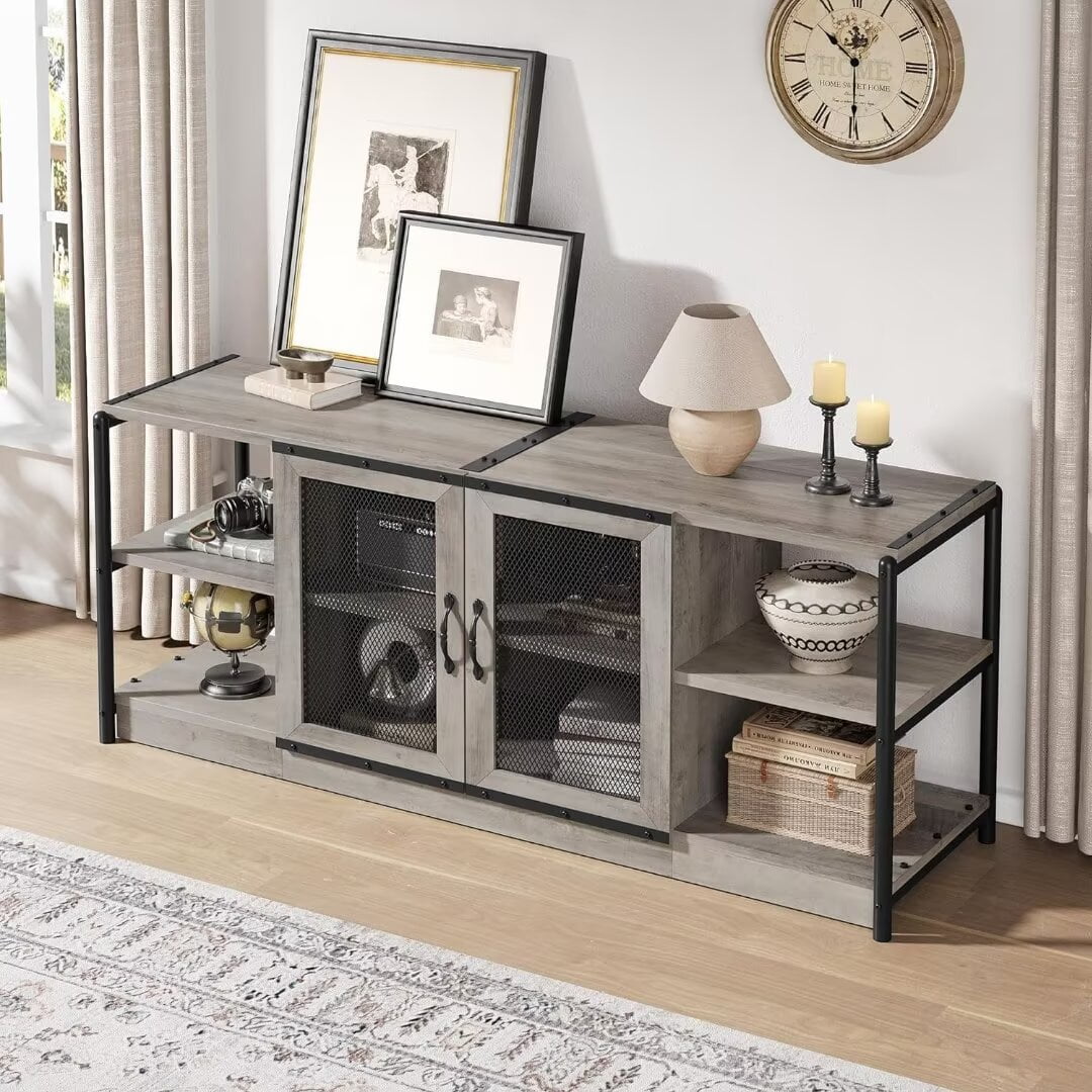 Modern Farmhouse TV Stand with Storage and Mesh Door for 65+ Inch TV