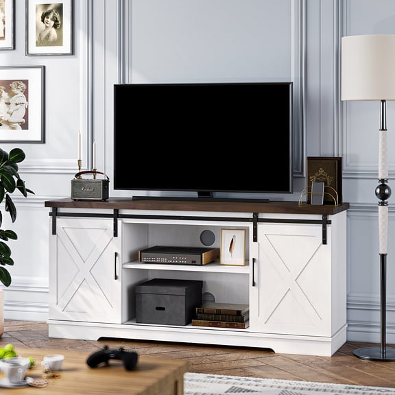 Modern Farmhouse TV Stand for TVs Up to 65", Entertainment Center with Sliding Barn Doors & Adjustable Shelf, Modern Large Storage Media TV Console with Cable Holes for Living Room,White
