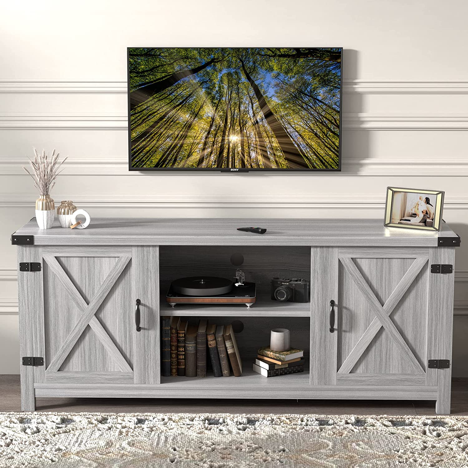 Modern Farmhouse TV Stand with Two Barn Doors and Storage for