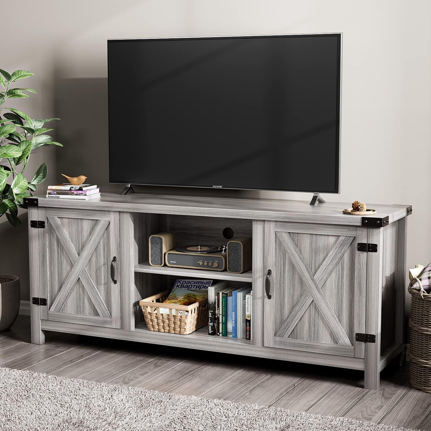 Modern Farmhouse TV Stand with Two Barn Doors and Storage for