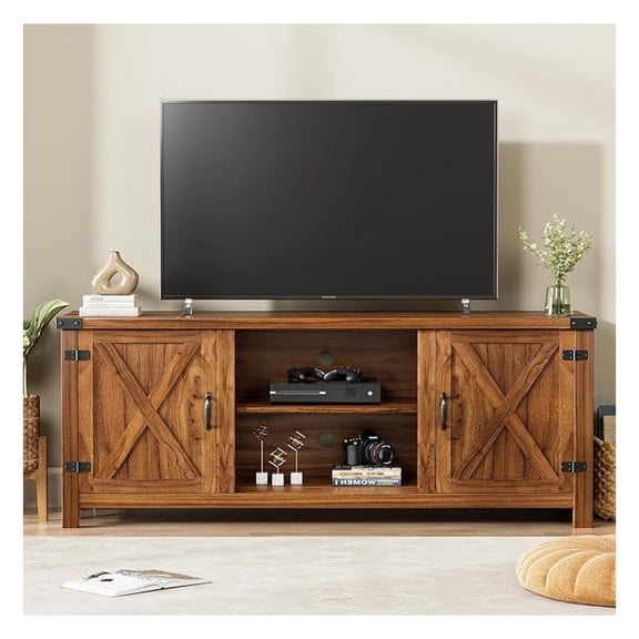 Modern Farmhouse TV Stand with Two Barn Doors and Storage Cabinets for Televisions up to 65+ Inch,Entertainment Center Console Table,Media Furniture for Living Room,58 Inch, Walnut,YH-TS103DWA