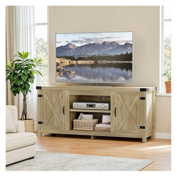 Modern Farmhouse TV Stand with Two Barn Doors and Storage Cabinets for Televisions up to 65+ Inch,Entertainment Center Console Table,Media Furniture for Living Room,Yellow Oak