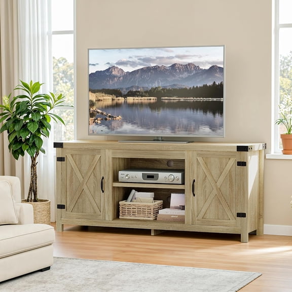Modern Farmhouse TV Stand with Two Barn Doors and Storage Cabinets for Televisions up to 65+ Inch,Entertainment Center Console Table,Media Furniture for Living Room,Yellow Oak