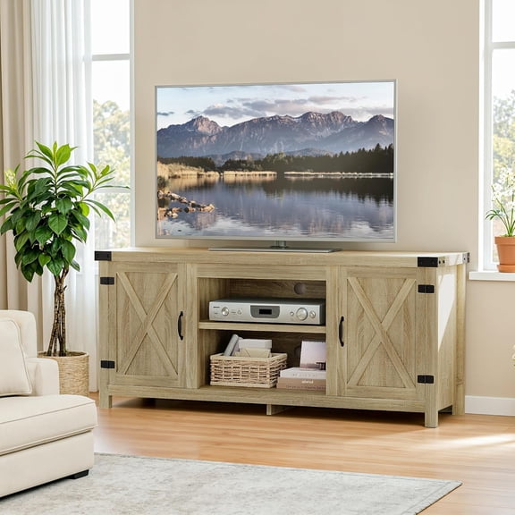 Modern Farmhouse TV Stand with Two Barn Doors and Storage Cabinets for TVs up to 65+ Inches, Entertainment Center, Yellow Oak