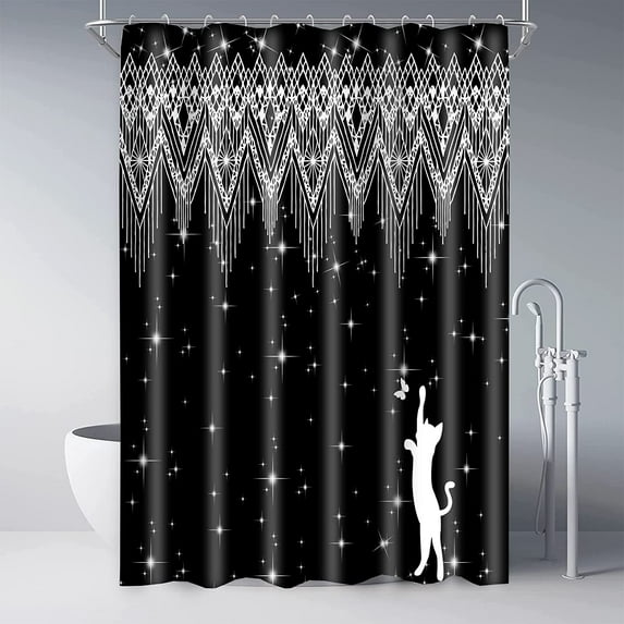 Modern Farmhouse Tassel Shower Curtain Liner, Black Boho Bath Curtain Set, Abstract Geometric Shower Curtain for Bathroom Decor, with Hook Size 72"x84" for Home Bathtubs Decoration