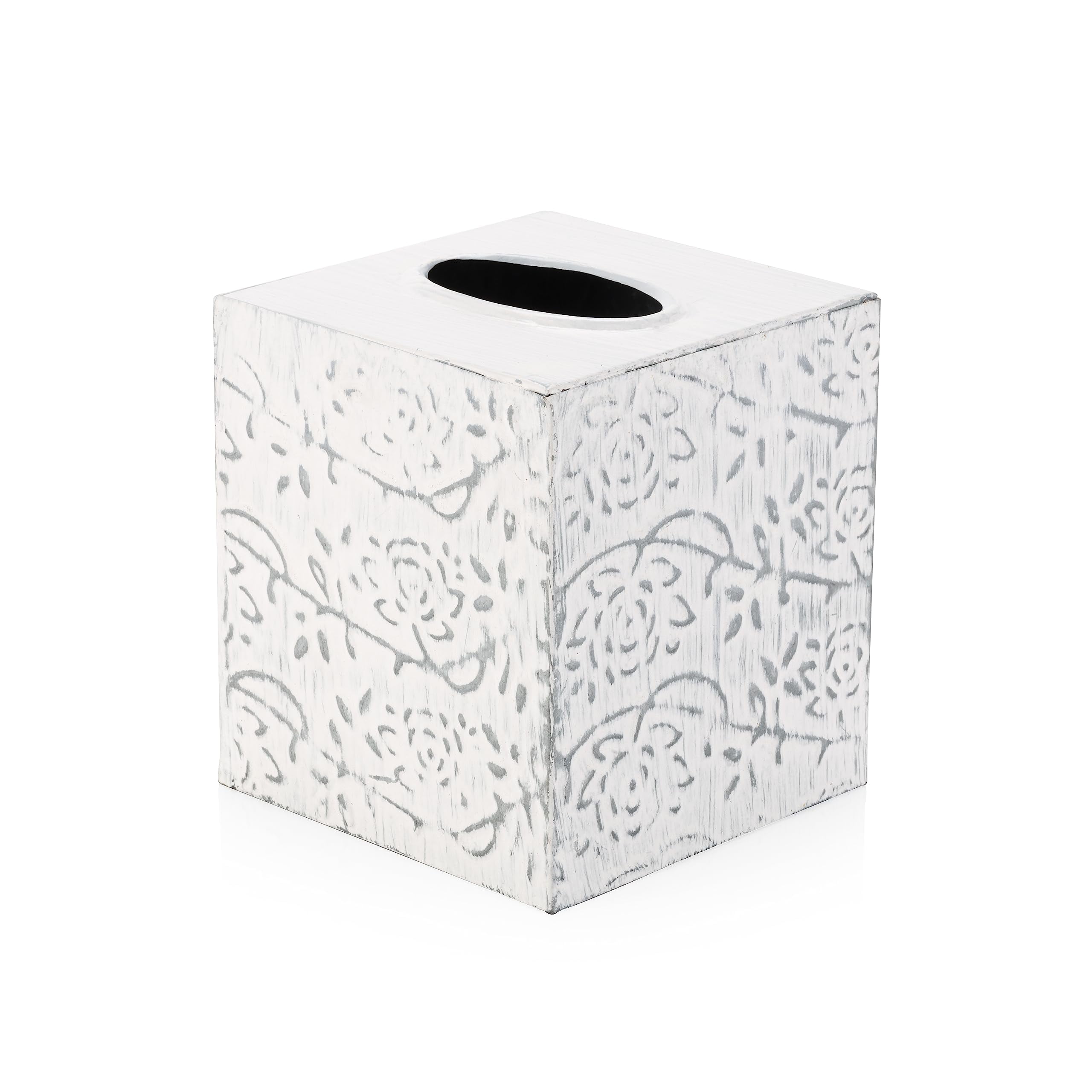 Distressed White Metal Floral Square Tissue Box Cover