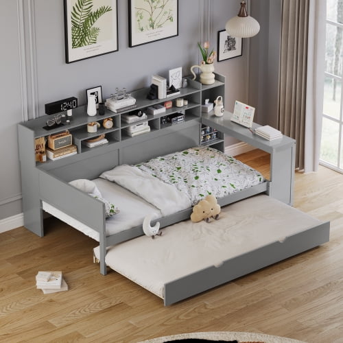 Modern Farmhouse Twin Daybed with Trundle and Desk, Storage Shelves Study Bed for Small Space Bedroom Office, Gray