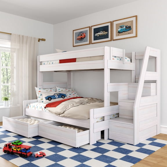 Modern Farmhouse Twin Over Full Bunk Bed With Staircase and Storage Drawers, White Wash