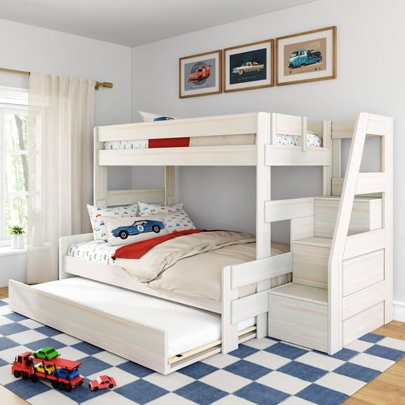 Modern Farmhouse Twin Over Full Bunk Bed With Staircase and Trundle, White Wash