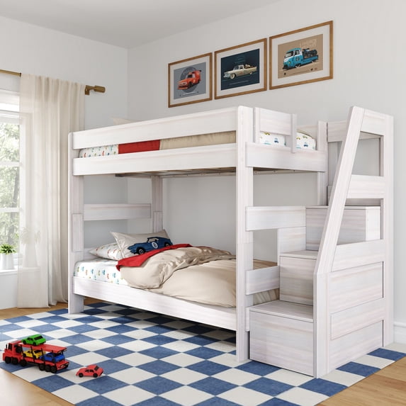 Modern Farmhouse Twin Over Twin Bunk Bed With Staircase, White Wash