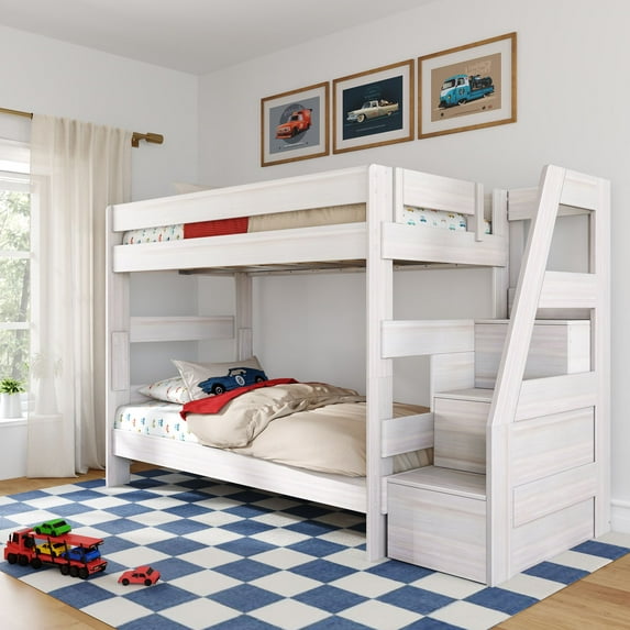 Modern Farmhouse Twin Over Twin Bunk Bed With Staircase, White Wash