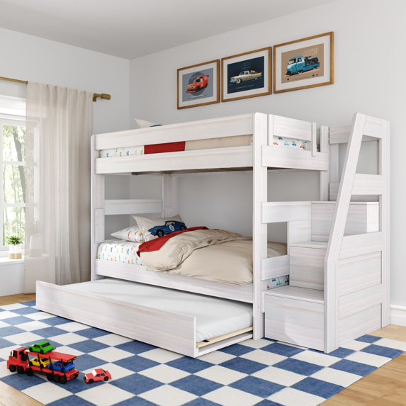 Modern Farmhouse Twin Over Twin Bunk Bed With Staircase and Trundle, White Wash