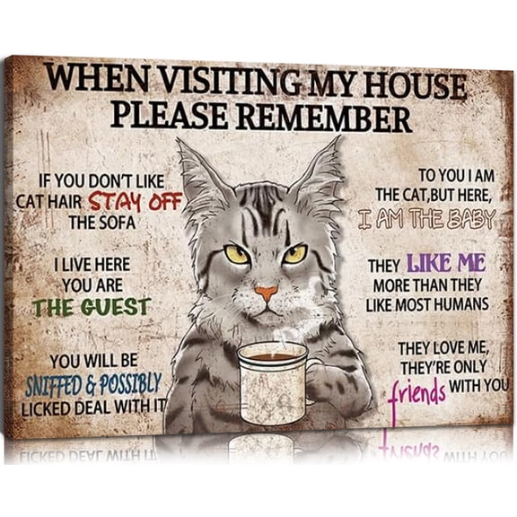 Modern Farmhouse Vintage Humorous Cat Rules Sign "When Visiting My House" Maine Coon Coffee Matte Finish Gallery Wrapped Canvas Wall Art Home Decoration Decor Living Room Entryway Cat Lover Gift 8*12