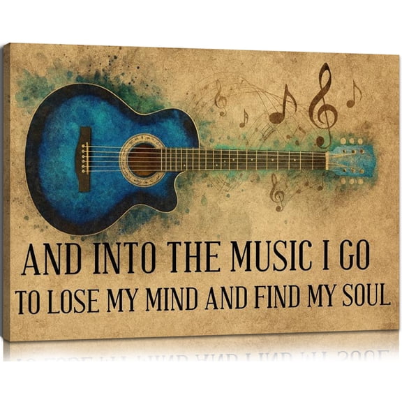 Modern Farmhouse Vintage Watercolor Blue Guitar Music Quote "And Into the Music I Go" Matte Finish Gallery Wrapped Canvas Wall Art Home Decoration Decor Music Room Studio Living Room Bedroom Gift 8*1
