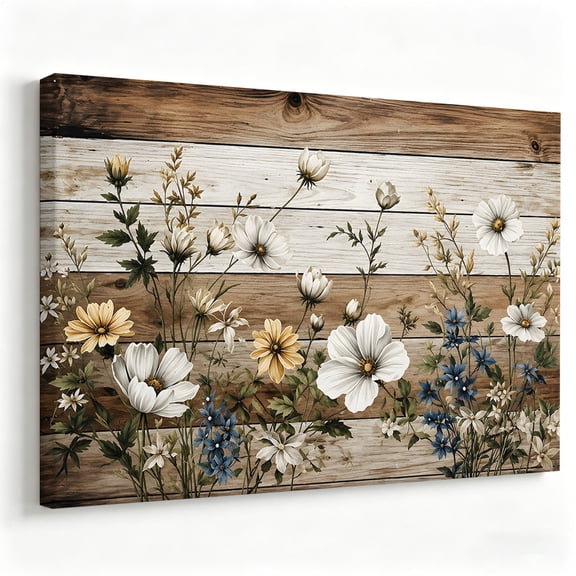 Farmhouse Wildflower Canvas Wall Art, Vintage Rustic Floral Daisies Wood-Style Wall Decor for Living Room Bedroom Kitchen Dining Room Above Bed 12×8