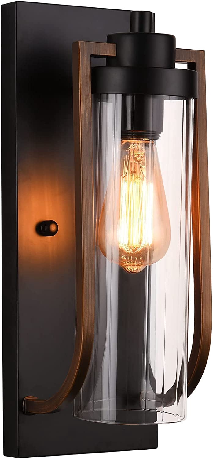 Modern Farmhouse Wall Light Fixture Wall Sconce, Outdoor Black and Gold Aged Brass Exterior Lantern Sconce Lighting, Porch Lights Wall Mount, Bathroom Light Fixtures Wood Grain Finish(E26 Base)