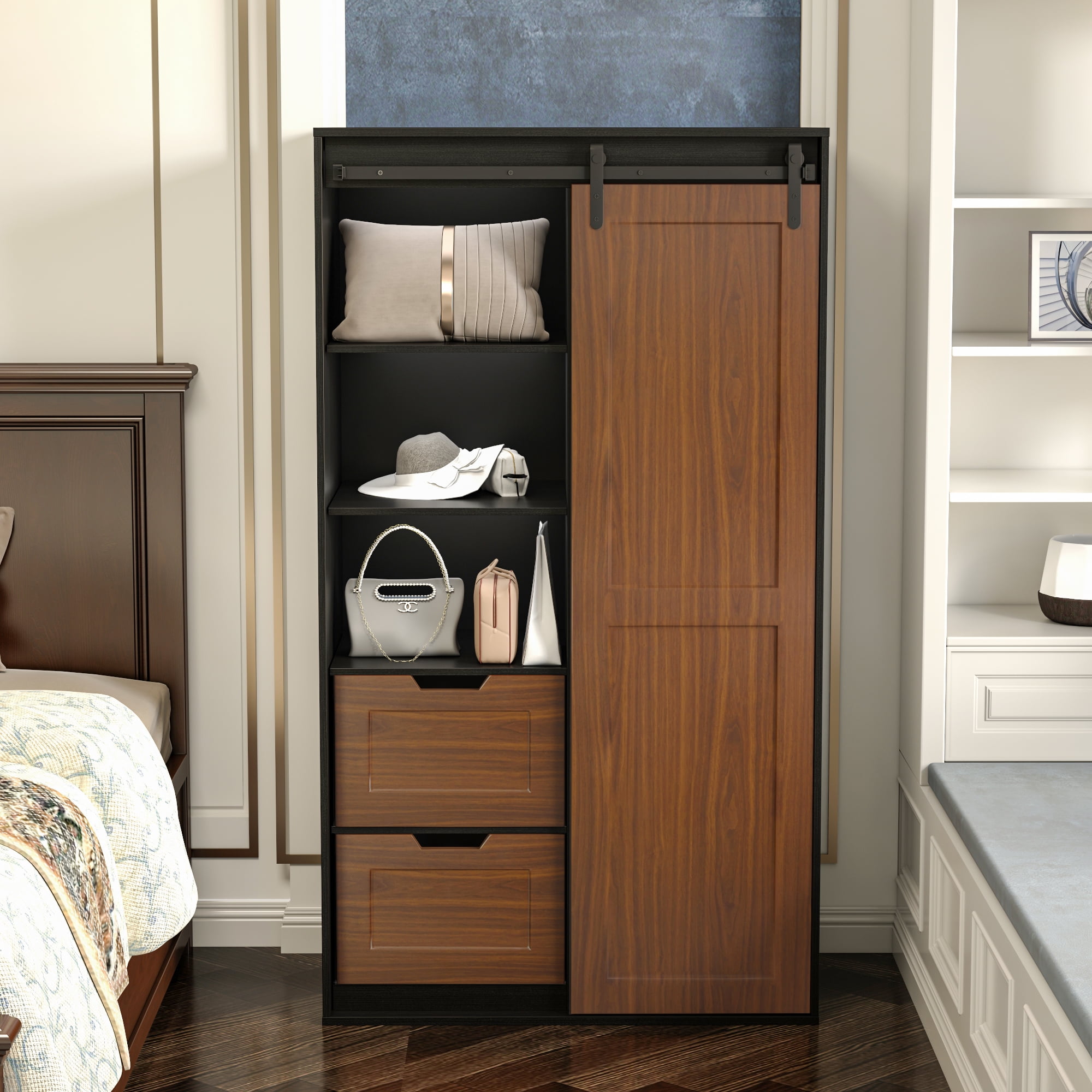 Modern Farmhouse Wardrobe Armoire 71 Large Wood Closet Storage Cabinet with Barn Sliding Door Closet Storage Closet for Bedroom Cloakroom