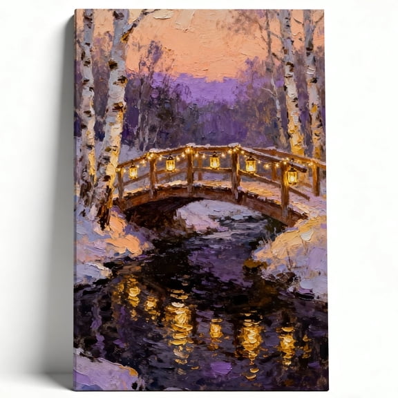 Modern Farmhouse Winter Sunset Bridge Scene Premium Matte Finish Gallery Wrapped Canvas Wall Art for Cozy Living Room Office or Bedroom Decor 8*12inch(20*30cm)