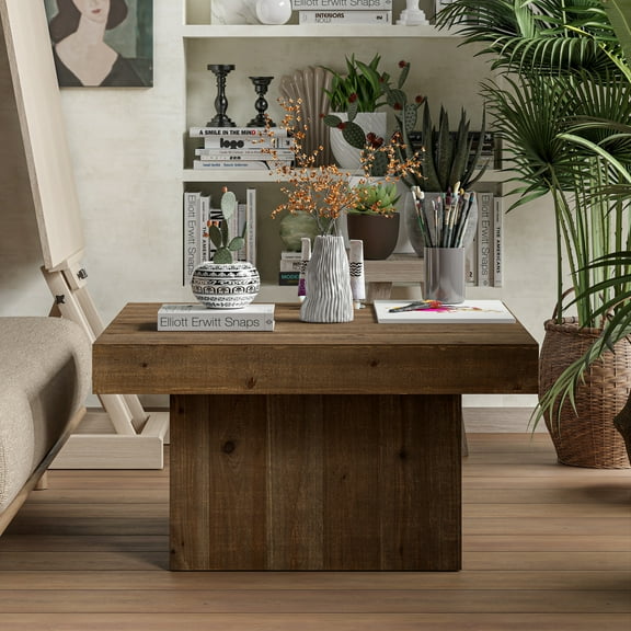 Modern Farmhouse Wood Block Coffee Table, Rustic Square Table Chunk Table with Cubic Base for Family, Living Room, Lounge, Nature Wood Finish, Sturdy, Distressed, Rectangle