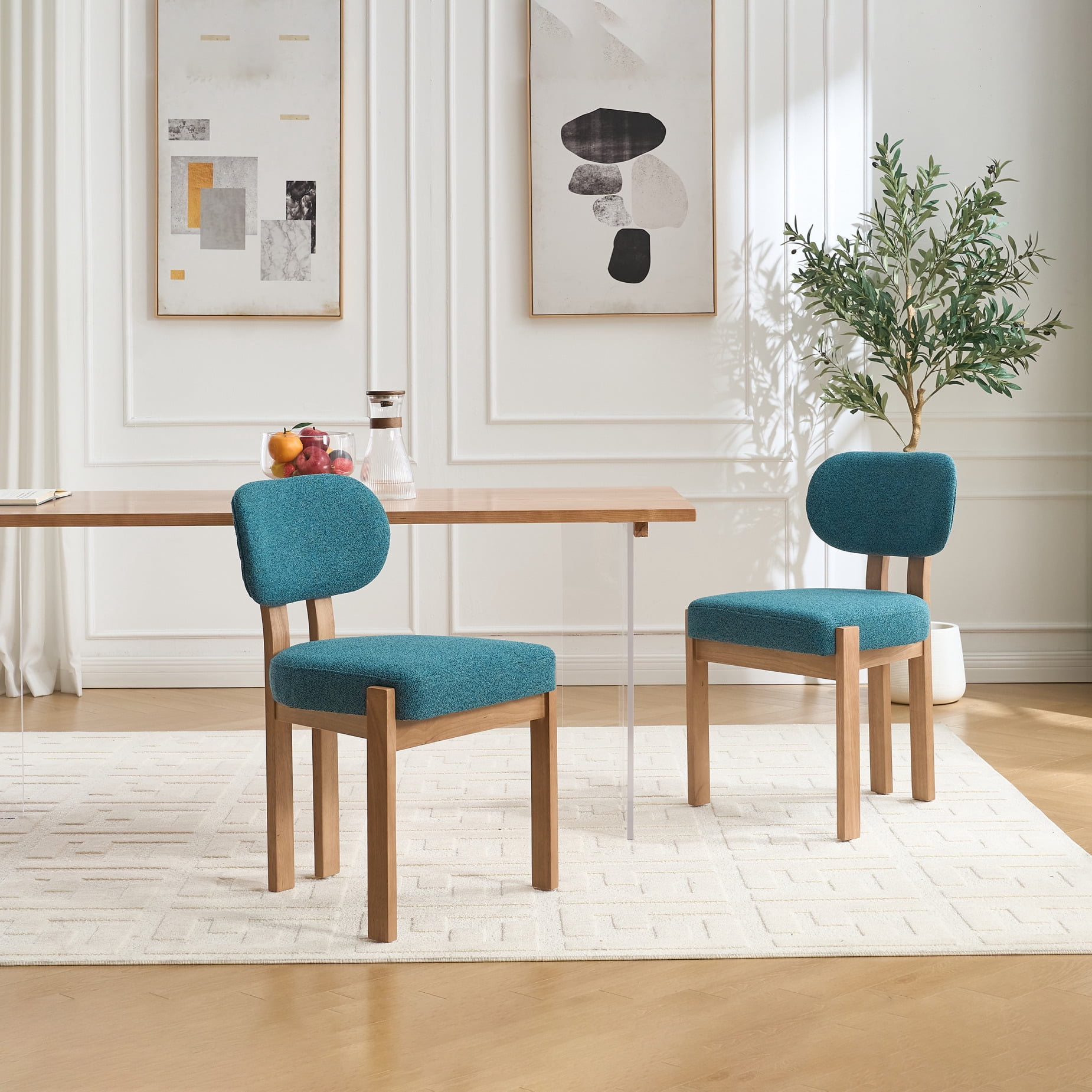 Modern Farmhouse Wood Dining Chairs Set of 2, Fabric Upholstered ...