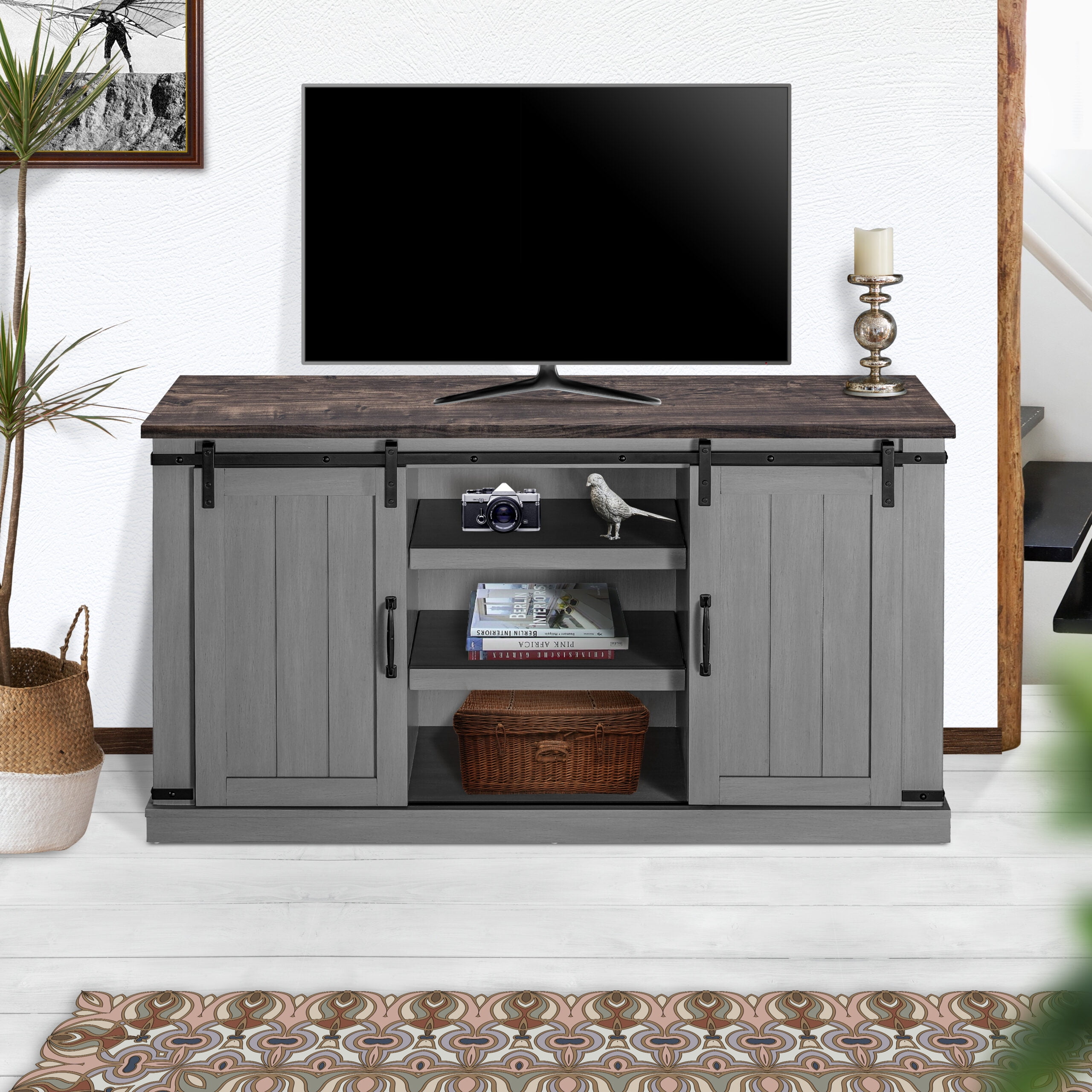 Modern Farmhouse Wood TV Stand, Entertainment Center with Storage