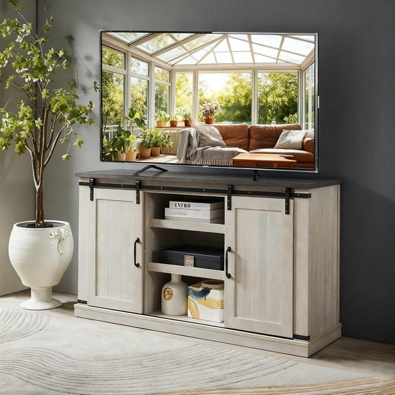 Modern Farmhouse Wood TV Stand for TVs up to 65 Inch, Home Living Room Storage Table TV Stands Cabinet Doors and Shelves Entertainment Center, Stone Grey
