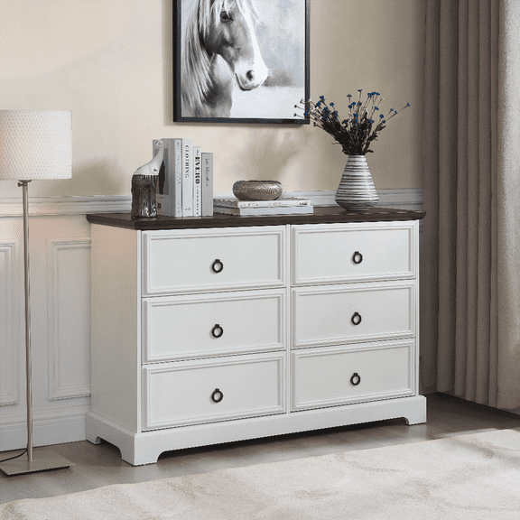 Modern Farmhouse Wooden 6-Drawer Chest White Bedroom Dresser with Rustic Oak Top