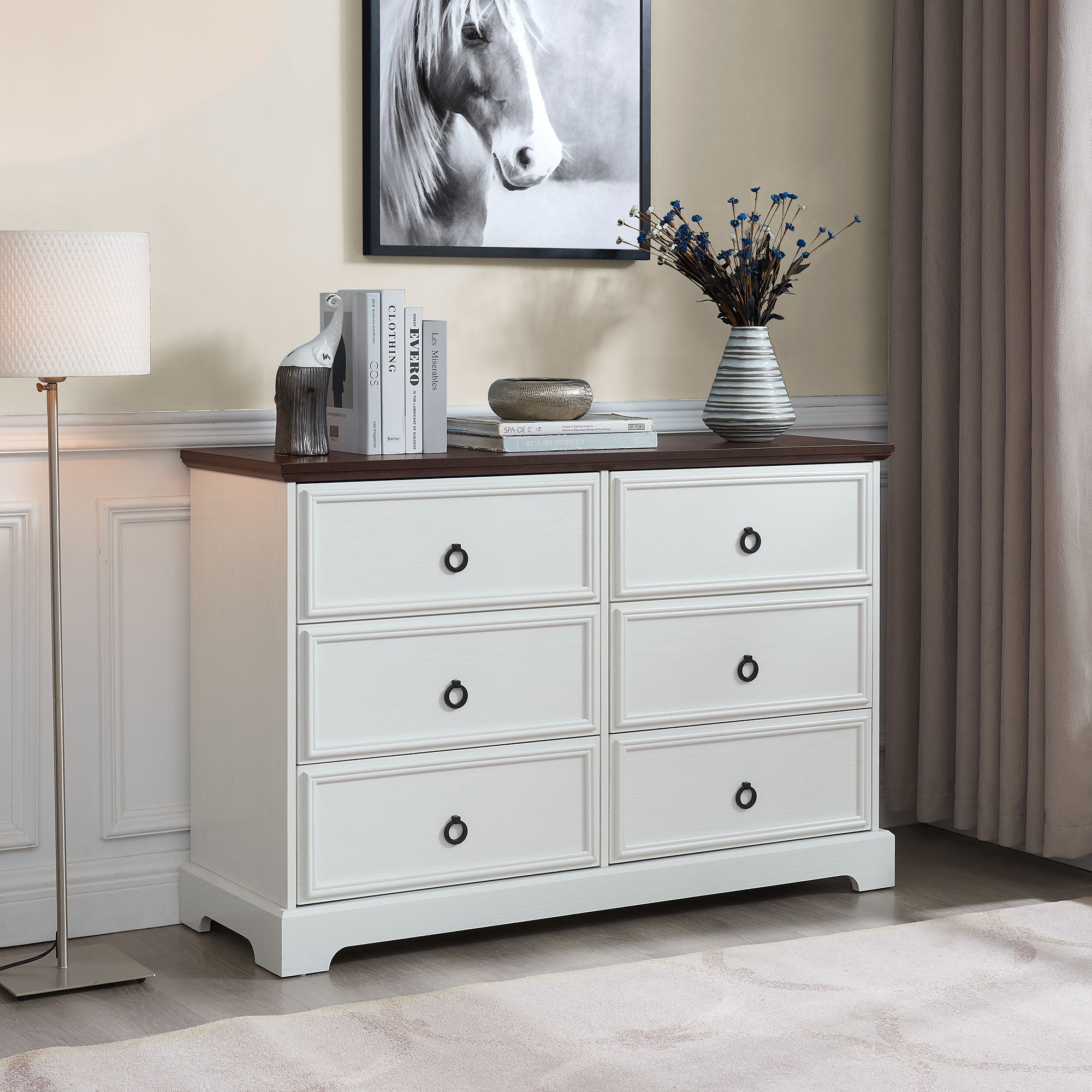 White and Brown Farmhouse Wooden 6-Drawer Bedroom Dresser