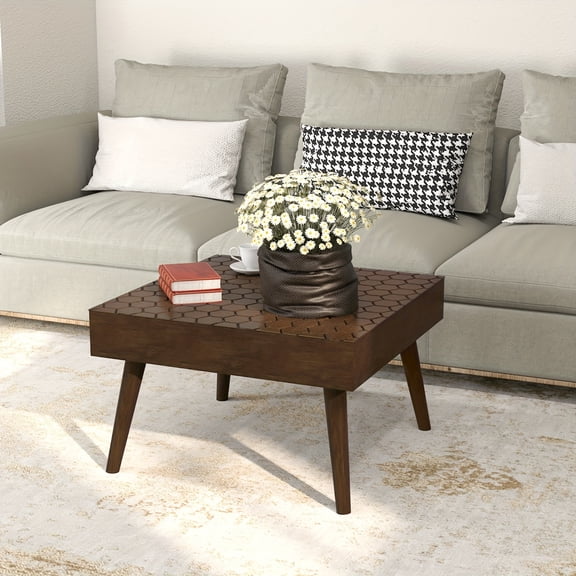 Modern Farmhouse Wooden Coffee Table with Checkerboard Pattern - High Quality Hardwood, Easy Assembly, Spacious Surface for Living Room, Holiday Decor