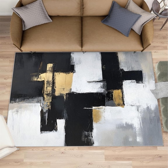 Modern Fashion Area Rug, Black White Gold Paint Rugs for Living Room, Abstract Carpet, Geometric Washable Area Rugs for Bedroom, Oil Painting Carpet, Modern Home Decor-3' x 4'