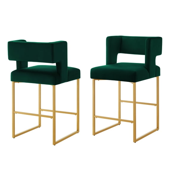 Modern Fashion Counter Height Bar Stools with Unique Square Open Backrest, Set of 2 Versatile Bar Chairs with Sturdy Iron Legs, 26" H Counter Height Chairs for kitchen islands, Emerald/Gold