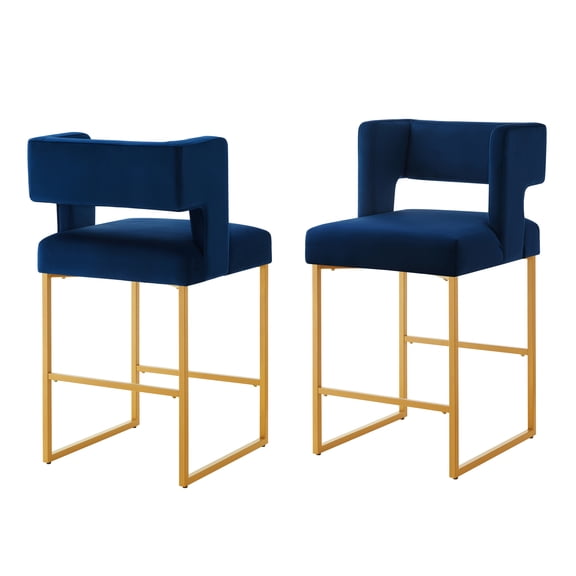 Modern Fashion Counter Height Bar Stools with Unique Square Open Backrest, Set of 2 Versatile Bar Chairs with Sturdy Iron Legs, 26" H Counter Height Chairs for kitchen islands, Navy/Gold