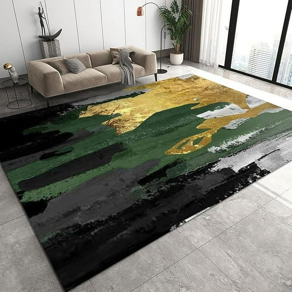 Modern Fashion Home Decor Area Rug, Light Luxury Emerald Green Black Gold Gray Living Room Rug, Soft Anti-Slip Easy Clean Durable Foldable Carpet for Floor Bedroom Entryway Kitchen 5 x 8ft