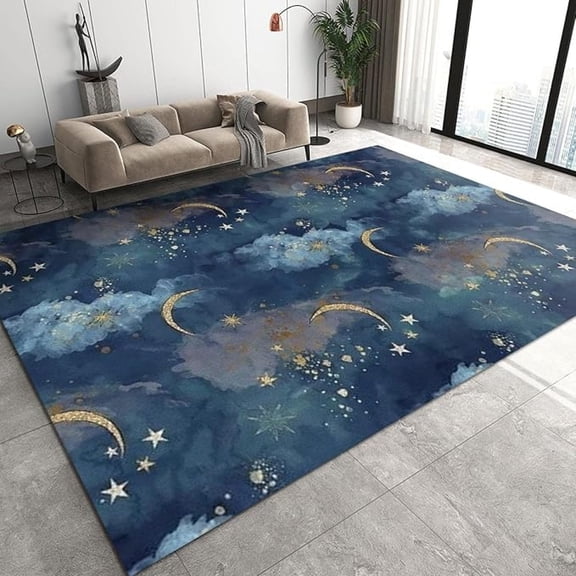 Modern Fashion Home Decor Kids Area Rug, Cartoon Night Scene Golden Moon Star Cloud Blue Living Room Rug, Soft Anti-Slip Durable Foldable Mat For Bedroom Entryway Kitchen 1x2ft